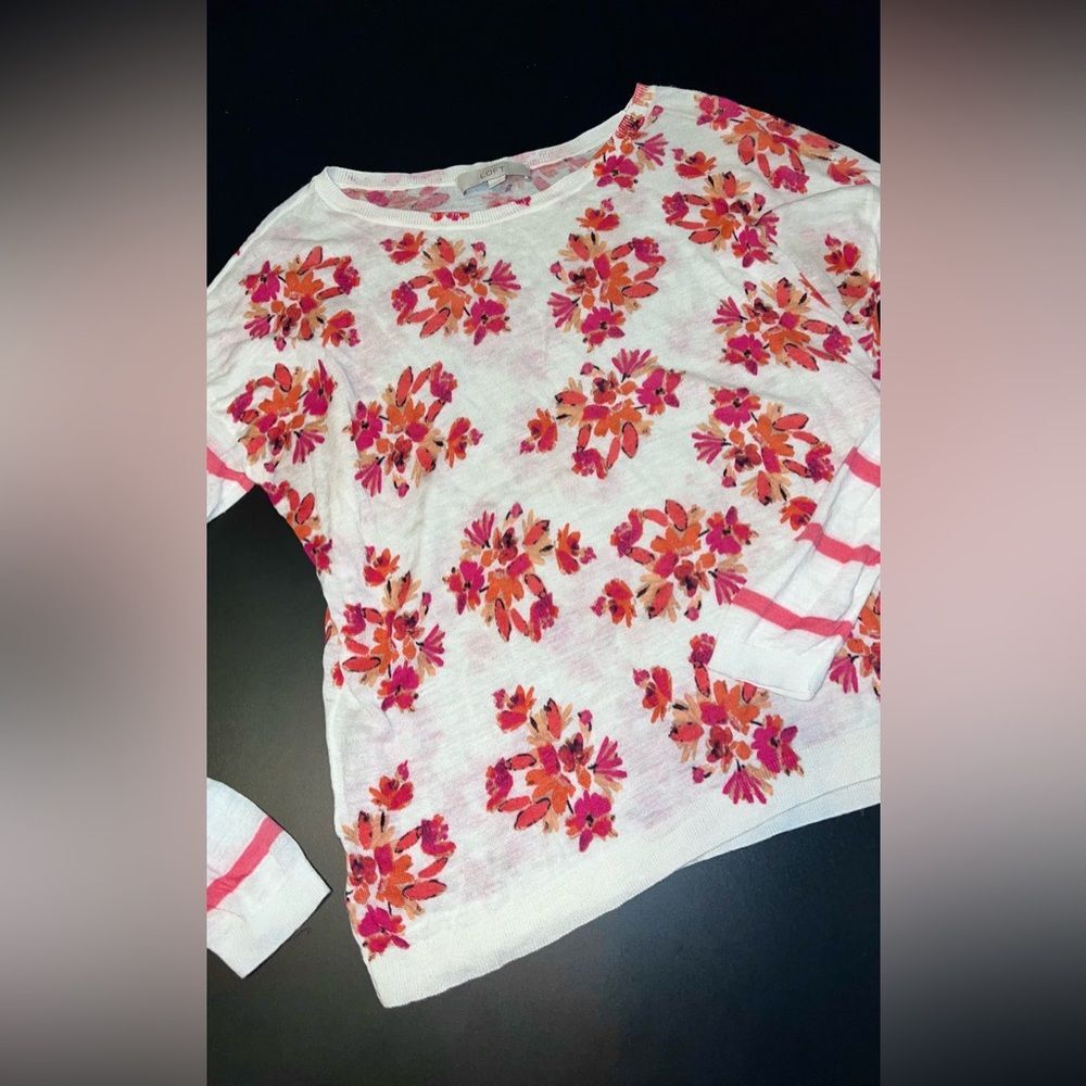 Ann Taylor Loft White & Pink Striped & Floral Lightweight Sweater Size Large GUC